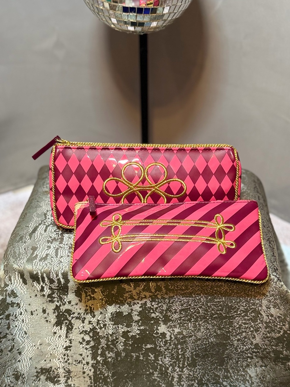 MAC Cosmetics Pink Striped & Harlequin Cosmetic Pouches with Gold Trim